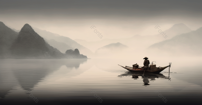 中国风质感山水平静的湖泊和船只和坐着的人背面黑白水墨风格画艺术背景插画,插画/手绘图,插画/手绘图库,插画/手绘图下载,插画/手绘